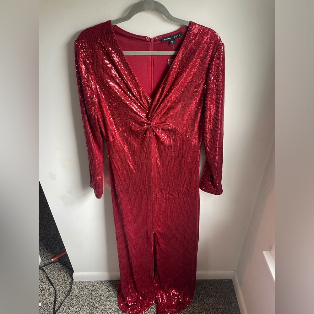 Boston Proper Long Sleeve Red Sequin Full Length Gown Formal Size 8